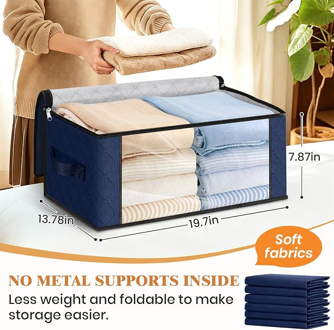 Fab totes 35L Closet Organizers and Storage, Foldable Under Bed Storage Containers, Storage bags for Organizing Bedroom, Closet, Clothing,Organization with Handle (4 Pack,Blue)