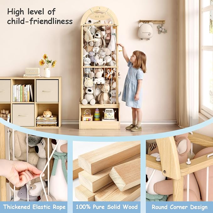 Arched Stuffed Animal Storage Organizer, Wooden Stuffed Animal Zoo Holds 50+ Plush Toys, FSC Pine Wood Plush Toy Holder with Thick Elastic Cords, Open Bottom Cubby for Kids Room Nursery Playroom