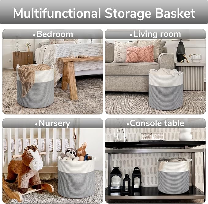 Goodpick Toy Basket for Kids, Woven Rope Blanket Basket for Living Room Nursery Baby Laundry Baskets for Organizing Clothes, Gray
