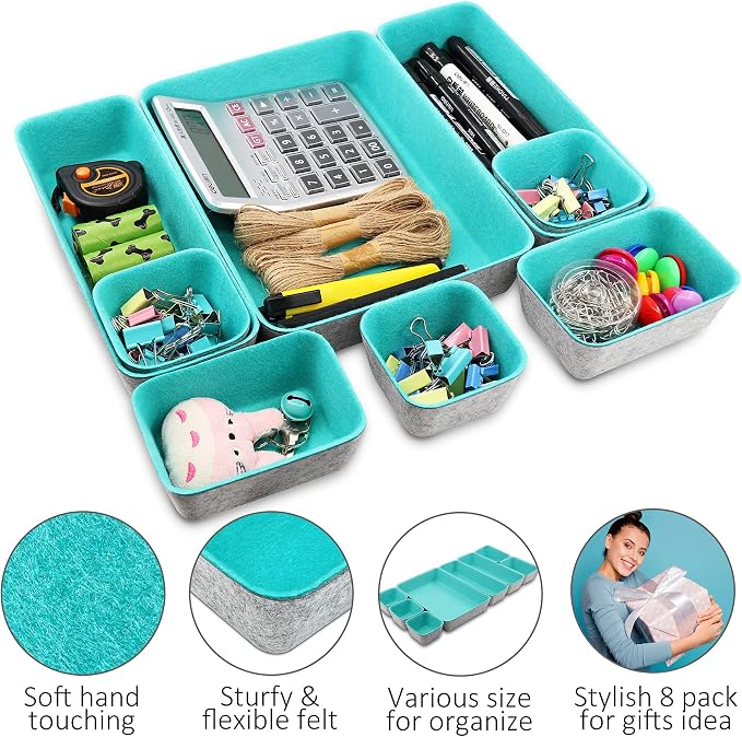 Newthinking Desk Drawer Organiser Trays, 8 Pack Square Organizer Box Stackable Dividers, Save Desk Space Dividers Box for Home Office Cosmetics Storage Boxes (Teal)