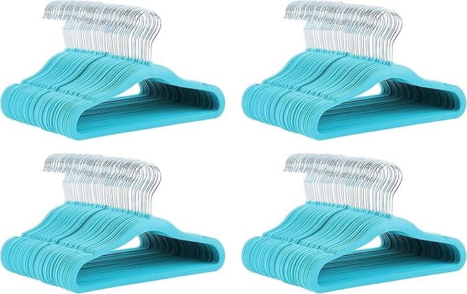 Amazon Basics Kids Velvet, Non-Slip Clothes Hangers for Infant and Toddler, 11.6 inches (for Baby Clothes), 50 Count, Blue (Pack of 4)