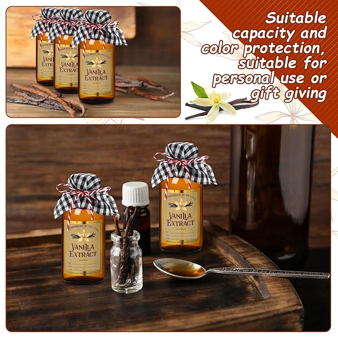 Uiifan 8 Pcs Glass Bottles Jars for Vanilla Extract 4 oz Amber Glass Jars with Caps Boston Round Bottles with Vanilla Extract Labels Stickers for Syrup Gift Food Storage Canister Set Sauce Beans