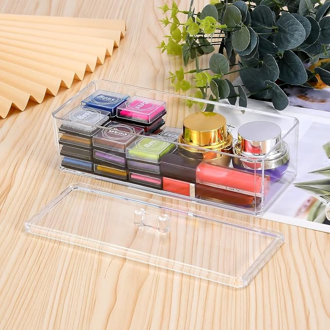 Acrylic Makeup Organizer Cosmetic Storage Display Case Makeup Brush Cotton Ball Pads Swab Q-tip Holder Lipstick Dispenser Canister Bathroom Container (9.2x3.7x3.5in, 1 Tier, Clear)