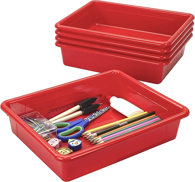 Storex Letter Size Flat Storage Tray – Organizer Bin for Classroom, Office and Home, Red, 5-Pack (62518U05C) , 10 x 13 x 3 Inches