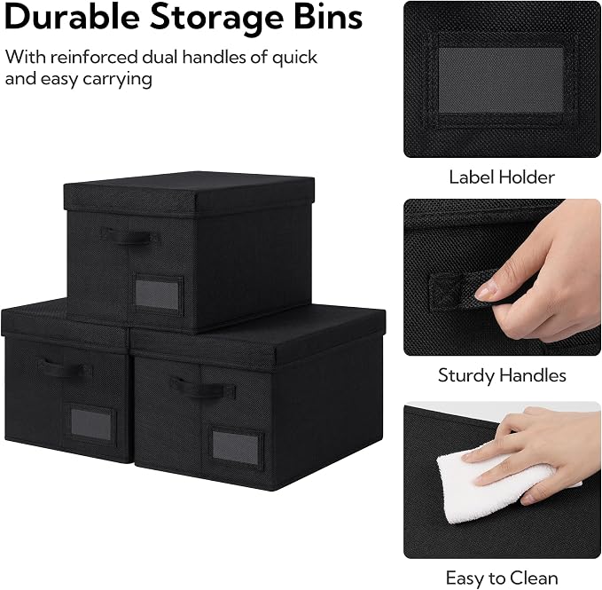 GRANNY SAYS Storage Bins with Lids, Storage Bins for Linen Closet Shelves, Decorative Storage Boxes with Label, Clothes Storage and Organization for Organizing, 3-Pack, Large, Black