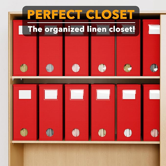 SpaceAid 12 Pack Bed Sheet Organizers and Storage, Foldable Organizer for Linen Closet, Set Folder Keeper With Window XL (Queen & King Size) Bedding Container (Red)