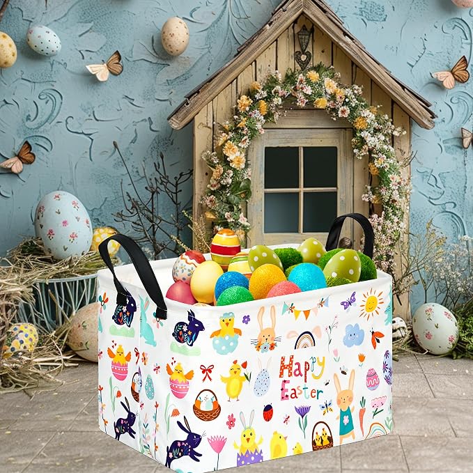 Rectangular Easter Basket Storage Bin for Shelves Cute Gifts Baskets Foldable Box with Handles for Boy and Girl Home Office Car Dormroom Easter Party Supplies