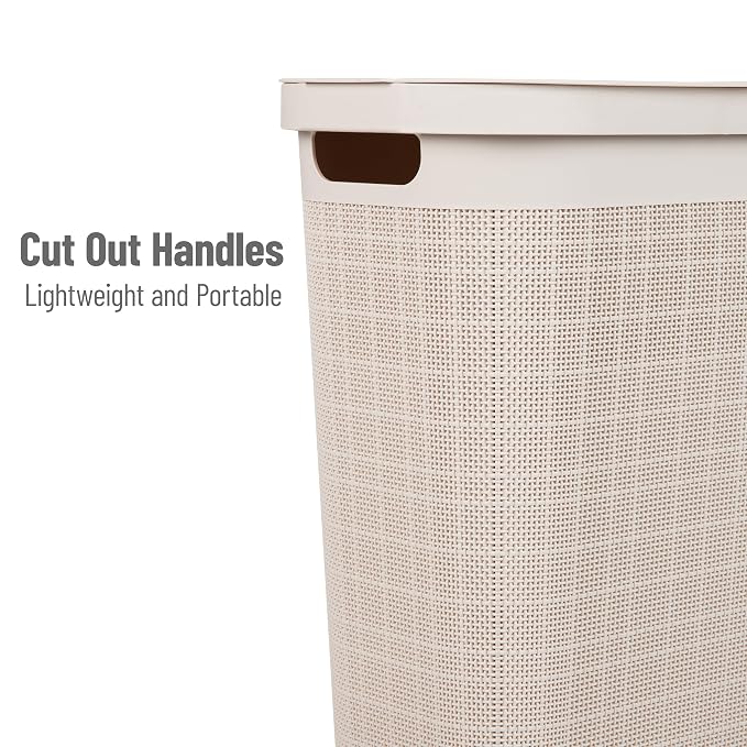 Mind Reader Slim Laundry Hamper with Lid, 40L Clothes Basket, Linen Design, Plastic, Ivory