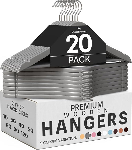 Utopia Home Premium Wooden Hangers 20 Pack - Durable & Slim Coat Hanger - Suit Hanger with 360-Degree Rotatable Hook - Wood Hangers with Shoulder Grooves (Grey Color)