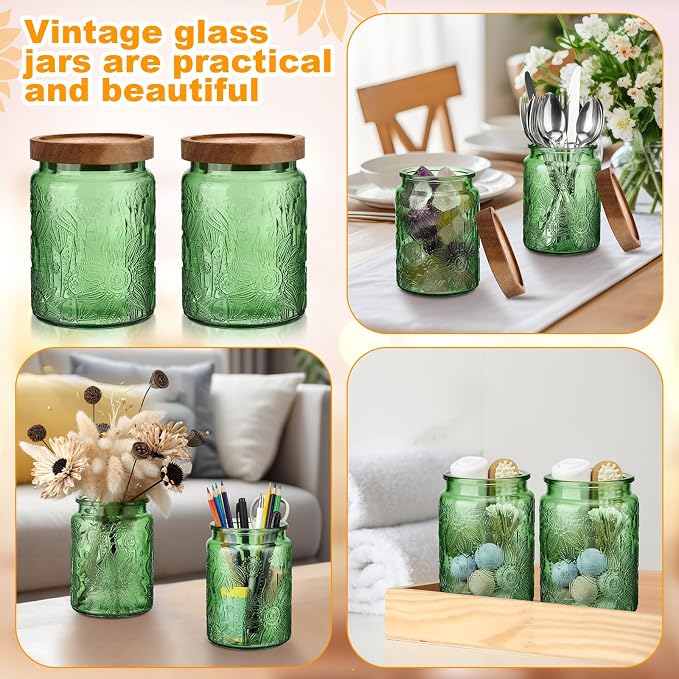 LemonRoad 2 Pcs Vintage Glass Storage Jars 23.67 oz Candy Jar Canister with Solid Wood Lids Food Storage Container for Kitchen, Ground Coffee, Tea, Sugar, Decorative Mason Cookie Jars (Green)