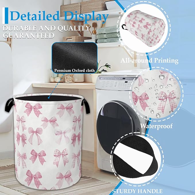 Pink Bowknot Laundry Basket Collapsible Laundry Hamper, Oxford Cloth Storage Bin for Room/Bathroom/Bedroom/Dormitories 16" X 20.8"
