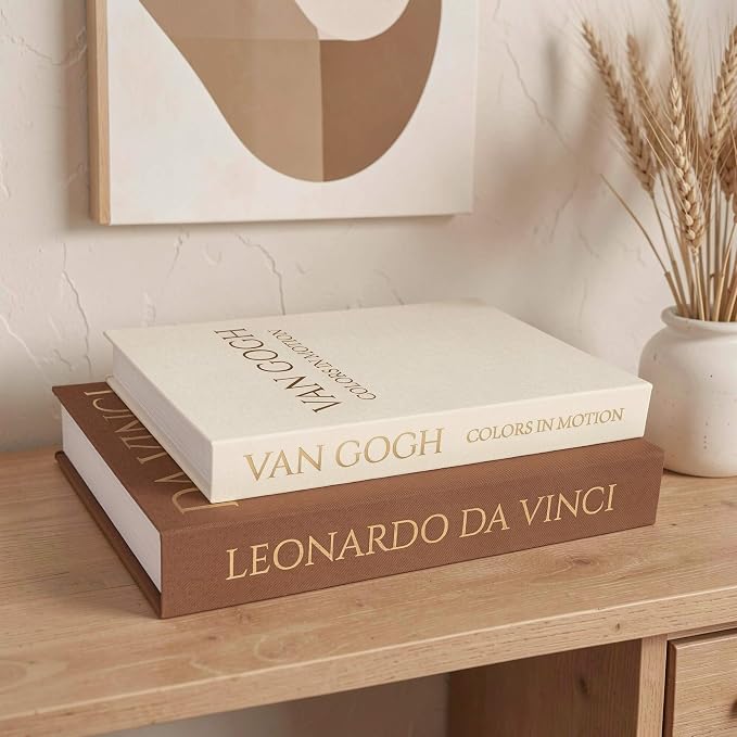 MAOBUYOU Decorative Storage Books Set of 2, Linen Cover, Gold Letters, Beige and Brown