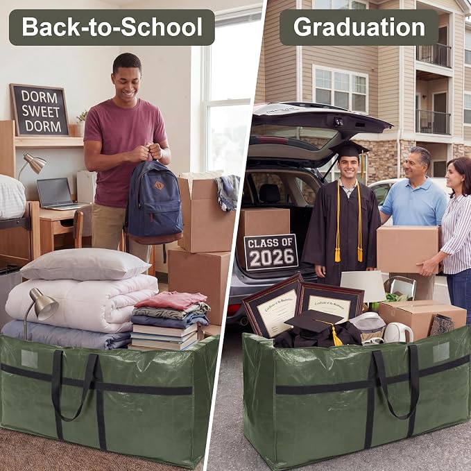 4 Pcs 194 Gallon Extra Large Moving Bags Heavy Duty Storage Bag with Strong Zipper Handle Foldable XXL Jumbo Storage Tote Packing Moving Box for College Dorm Travel Cloth Duffle (Green)