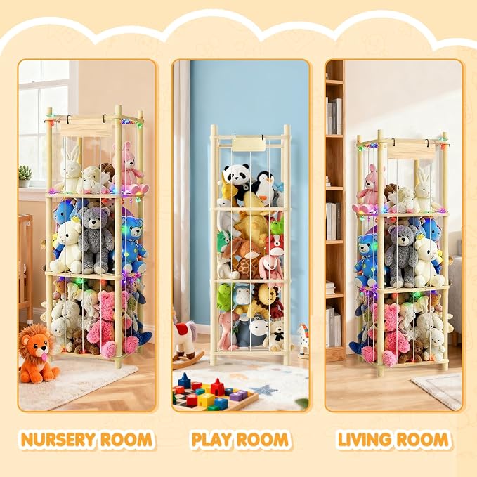 Stuffed Animal Storage Zoo Organizer Natural Pine Plushies Storage with Elastic Bands Vertical Wood Toy Holder Mesh Net Space Saving Design for Playroom Nursery Kids Bedroom