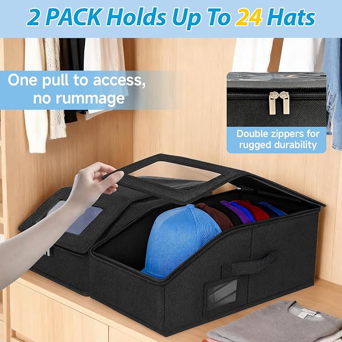 Hat Storage for Caps, 2-Pack Stackable Hat Organizer Boxes, Black | Sturdy snapback hat organizer holds up to 24 caps. Clear window design. Space-saving stackable storage box for closet.