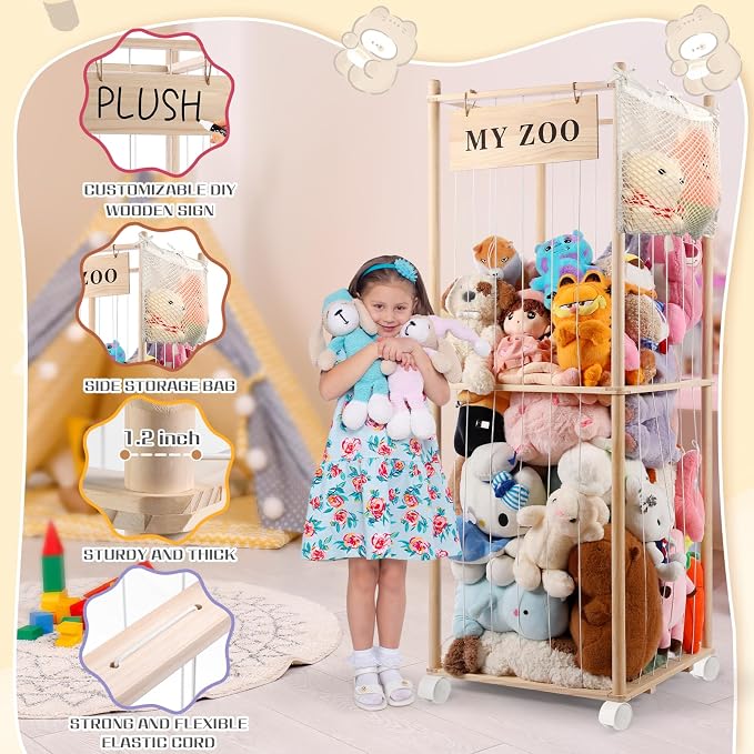 GLDZI Stuffed Animal Storage Zoo with Wheels, Wooden Stuffed Animal Organizer with Elastic Cords, Space Saving Toy Plushies Storage Holder for Playroom, Bedroom, Living Room(Burlywood, Large)