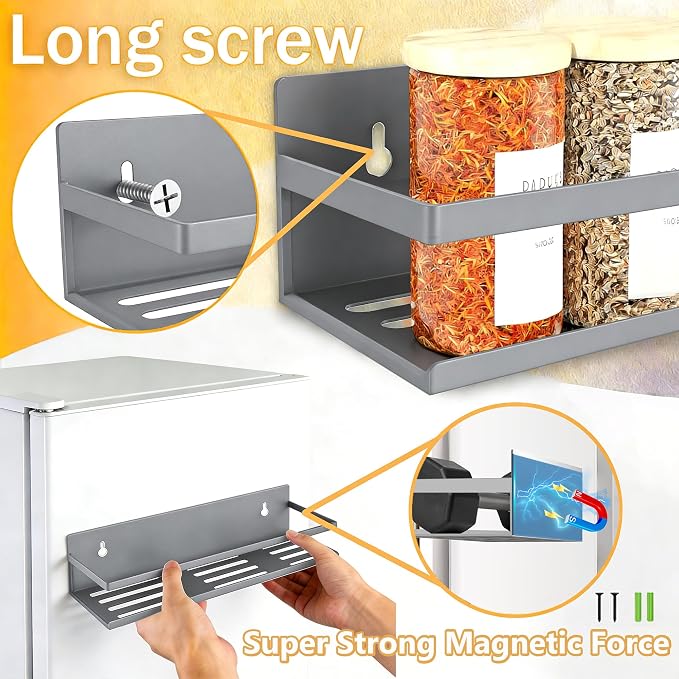 SMRCAD Magnetic Spice Rack for Refrigerator, 4pack Magnetic Shelf for Fridge Space Saving Seasoning Organizer for Any Metal Surface No Drilling Needed (GREY -cut out, 4pack)