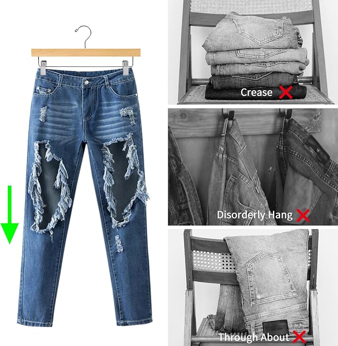 Nature Smile Wooden Pants Hangers Wood Bottom Jeans Skirt Hanger with Clips Anti Rust Hook Pack of 10 (Natural)