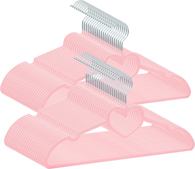 Velvet Hangers 50 Pack,16 Inch Non Slip Adult Heart Hanger (Pink) | 360° Swivel Hooks, Cascade Design, Space Saving