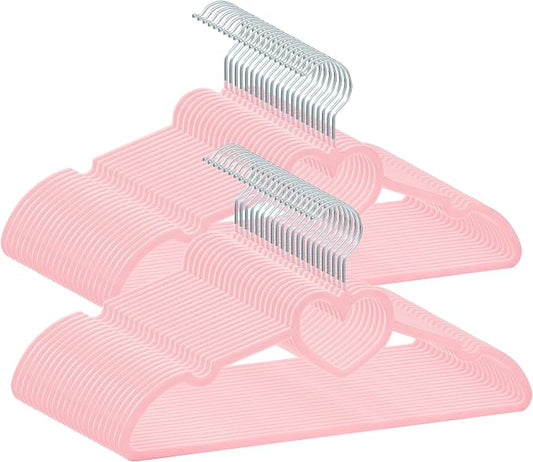 Velvet Hangers 50 Pack,16 Inch Non Slip Adult Heart Hanger (Pink) | 360° Swivel Hooks, Cascade Design, Space Saving