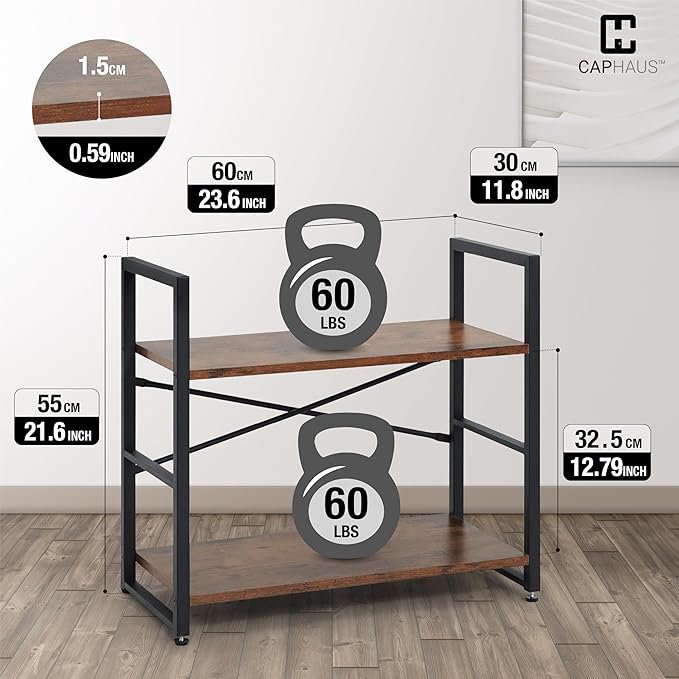 CAPHAUS 2 Tier Small Bookshelf, 24 Inch Width Free Standing Shelf, Bookcase Shelf Storage Organizer, Industrial Book Shelves for Home Office, Living Room, Rustic Oak Vintage Shelves & Metal Frame