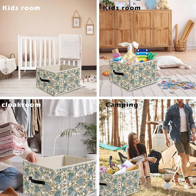 Blue Floral Storage Bin Box with Handles, Vintage French Country Blue and Green Flower Botanical Foldable Organizer Basket Toybox for Bedroom Bathroom Home Clothes Books