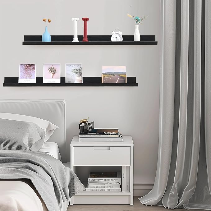 Muzilife 45.3" Large Floating Shelves Wood Wall Shelf with Lip, 2Pcs, Black | FSC-Certified Wood | 20 lbs Capacity | Space-Saving | Hanging Shelf | Wall Decor| Bedroom,Living Room,Bathroom,Kitchen,Office
