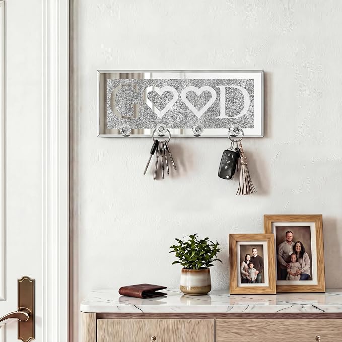 SHYFOY Crystal Clear Hooks Key Holder Key Hanger, Sparkly Mirrored Home Letters Plaque Sign for Decor, Silver Mirror Decoration Wall Art for Entryway Hallway Living Room, Good Letter