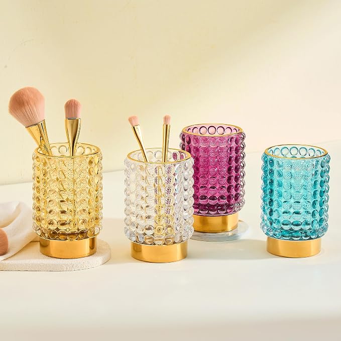 Makeup Brush Holder Organizer,Toothbrush Holders,Desk Pen Pencil Holder,Multifunctional Vintage Glass Brush Cup(A38-3-US/Gold/L)