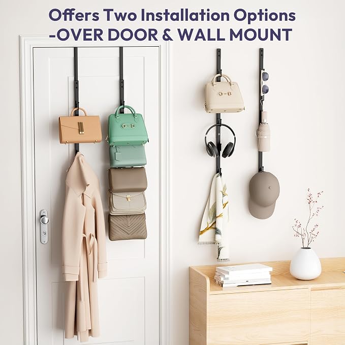SWTYMIKI Over the Door Purse Organizer - 2 Packs Wall Mounted Purse Rack with 5 Hooks Design, Hanging Handbag Organizer Storage Holds up to 10 Bags, Bag Rack for Closet, Door (Black)