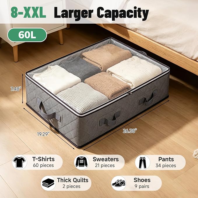 Pterying 8 Pack Under Bed Storage Containers with Transparent Clear Window | Underbed Storage Bins with Reinforced Handles, Dual-Zipper for Clothes, Comforters, Blankets and Bedding, Gray