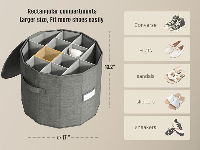 Vailando Shoe Organizer for Closet - Cylindrical Shoe Storage Organizer with Removable Dividers, Rectangular Compartment, Foldable, Gray, 1-Pack