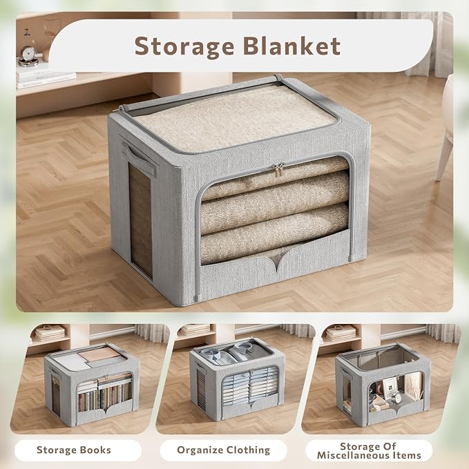 FHSQX 3 Pack Clothes Storage Bins - Foldable Metal Frame Storage Box - Stackable Linen Fabric Container Organizer Set with Carrying Handles and Clear Window (Light Gray, 15.7x11.8x9.8inch(30L))