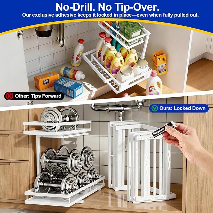 2-Tier Under Sink Organizer, Metal Pull Out Shelf, White | Carbon steel 2-tier shelf, ball-bearing pull-out, adjustable height, no-drill setup, for bathroom and kitchen cabinets