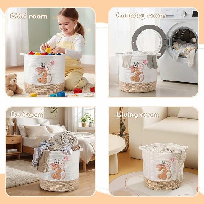 Toy Storage Baskets Woven Cotton Rope Storage Basket for Kids, Blanket Baskets for Living Room Stuffed Animal Storage Toys Organizer with Embroidery Decor, Cute Baskets for Nursery (Bunny)