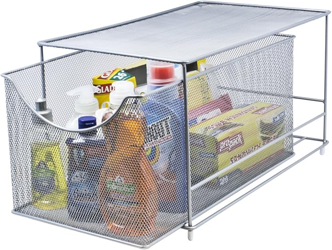 Sorbus® Cabinet Organizer Drawer with Cover—Mesh Storage Organizer w/Pull Out Drawers—Stackable, Ideal for Countertop, Cabinet, Pantry, Under the Sink, Desktop and More (Silver Bottom Drawer)