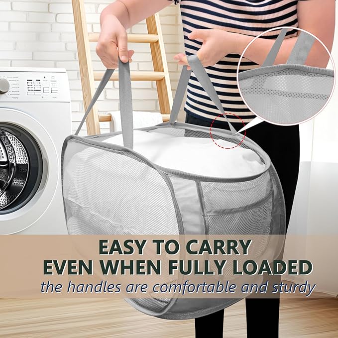 Pop Up Laundry Hamper,Collapsible Horizontal Baskets with Handles & Side Pocket,Foldable Sturdy mesh for Laundry Room,Bathroom,Kids Room,College Dorm or Travel (Grey)
