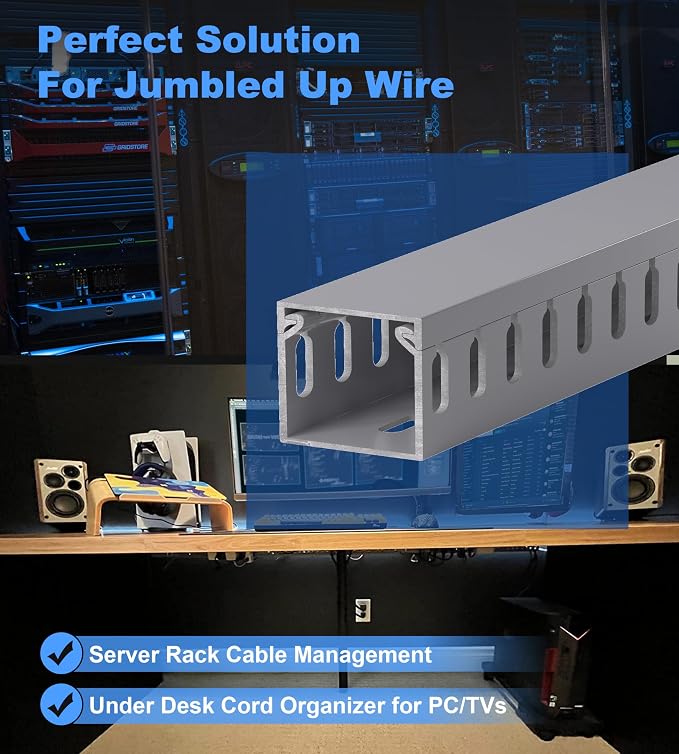 ZhiYo H1.4 W1.6 in Server Rack Cable Management Raceway, 99in (6X L16.5in) Cable Raceway Kit, Electrically Safe PVC Open Slot Wire Cord Hider for Under Desk/Computer/Network Cords, Gray