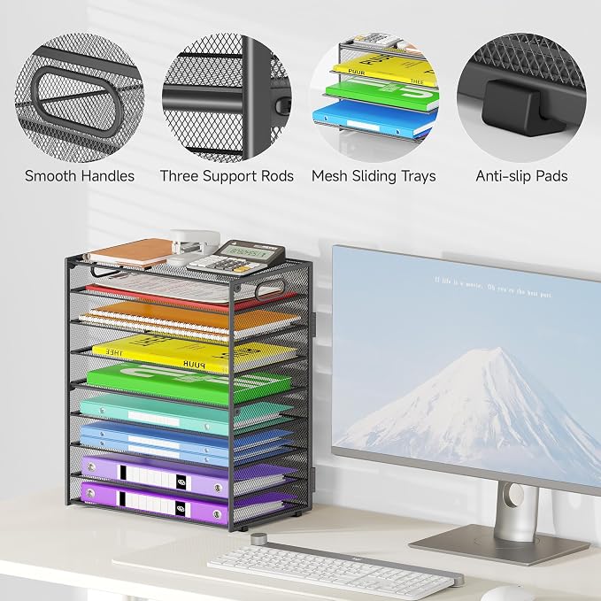 Cawukege 9 Tier Paper Organizer with Handle, 2 Pack Large Capacity Desk Organizer Mesh Paper Letter Tray File Folder Document Sorter for Classroom and Office Accessories Organization- Grey (2 Pack)