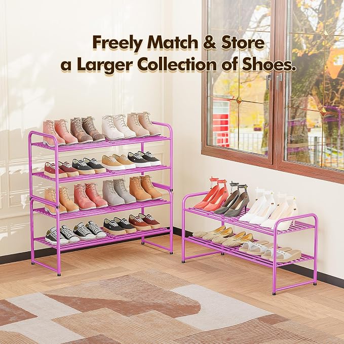 2 Pack Shoe Rack, 2-Tier Metal Stackable Shoe Shelf Storage Organizer, Heavy Duty Wire Shoe Stand for Entryway, Closet, Hallway, Holds 50 LBS, Pink