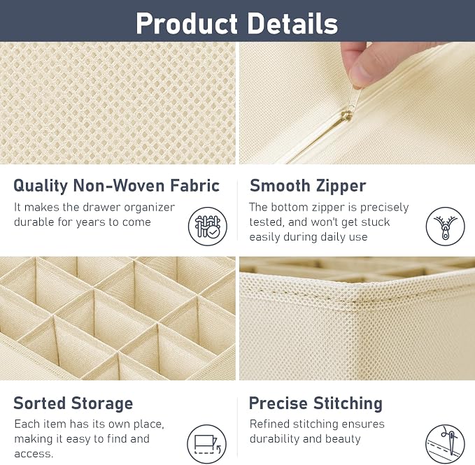 Joyoldelf Sock Drawer Organizer Divider 4 Packs Underwear Organizer, 2 x 24 Cell + 2 x 16 Cell Closet Organizers and Storage Sock Holders for Storing Socks, Handkerchiefs, Ties, Belts (Beige)
