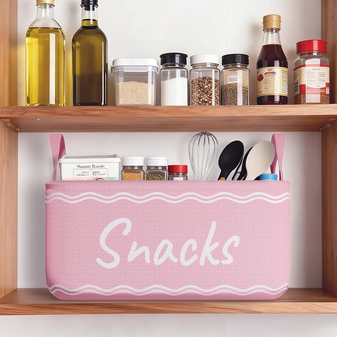 Snack Basket for Pantry & 5 Seal Clips - Snack Bin Organizer for Countertop - Imitation Linen Snack Storage Containers for Storing Chips, Pretzels, Cookies, Popcorn and more (1, Pink)