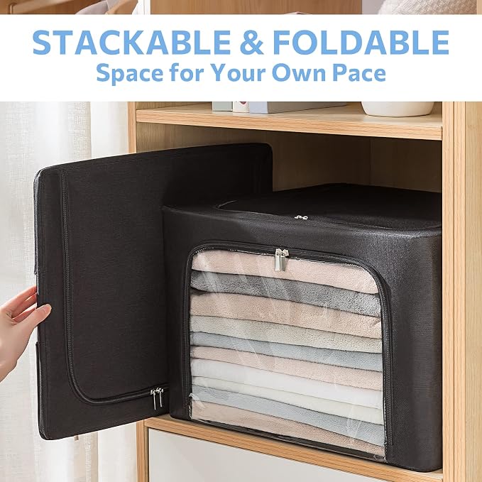 CYhom 3Pack Frame Storage Box - Clothes Storage Bin Bags Oxford Fabric Foldable Stackable Container Organizer Set with Clear Window & Carry Handles (Black, Large-66L)