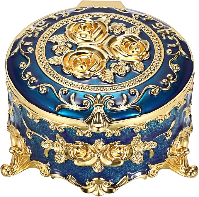 Hipiwe Vintage Jewelry Box Metal Keepsake Box Round Treasure Storage Case for Ring Earrings Necklace Holder Wedding Birthday Gift for Woman, Blue, 5.7" L x 5.1" W x 3.5" H