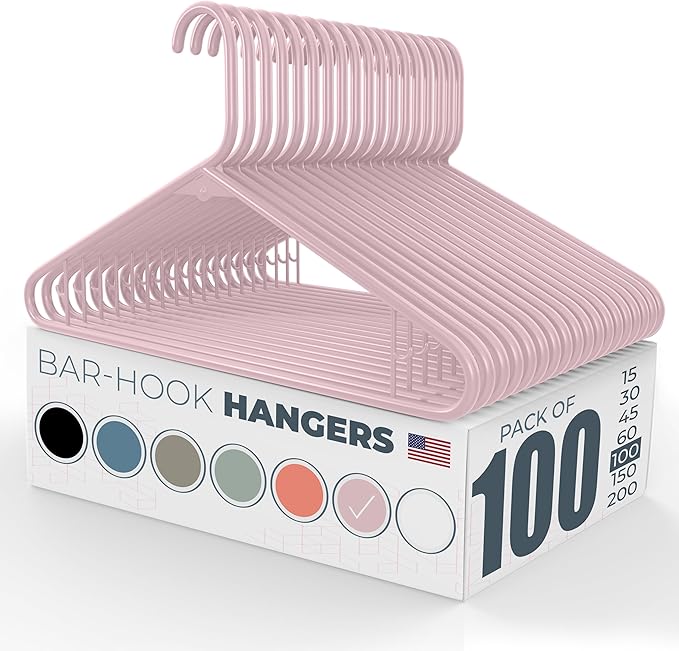Plastic Hangers 100 Pack – Made in The USA – 6lb Capacity Standard Clothes Hangers with Strap Hooks for Dresses, Lingerie, Shirts, Pants, and Jackets – Pink