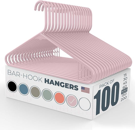 Plastic Hangers 100 Pack – Made in The USA – 6lb Capacity Standard Clothes Hangers with Strap Hooks for Dresses, Lingerie, Shirts, Pants, and Jackets – Pink