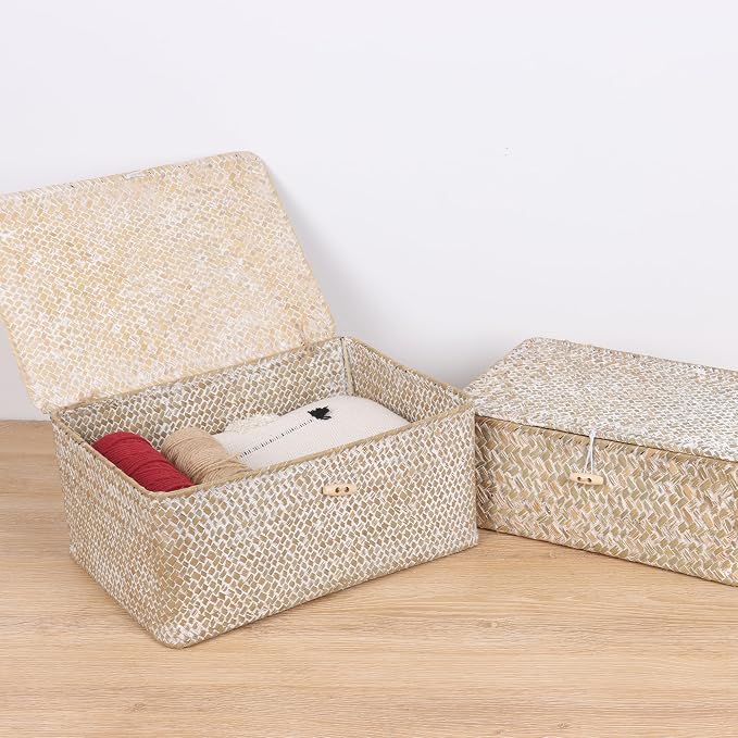 FEIALNDUO Wicker Shelf Baskets with Lid,Seagrass Storage Basket Bins Rectangular Handwoven Basket Boxes for Shelves Desktop Home Organizer (Whitewash, Medium)