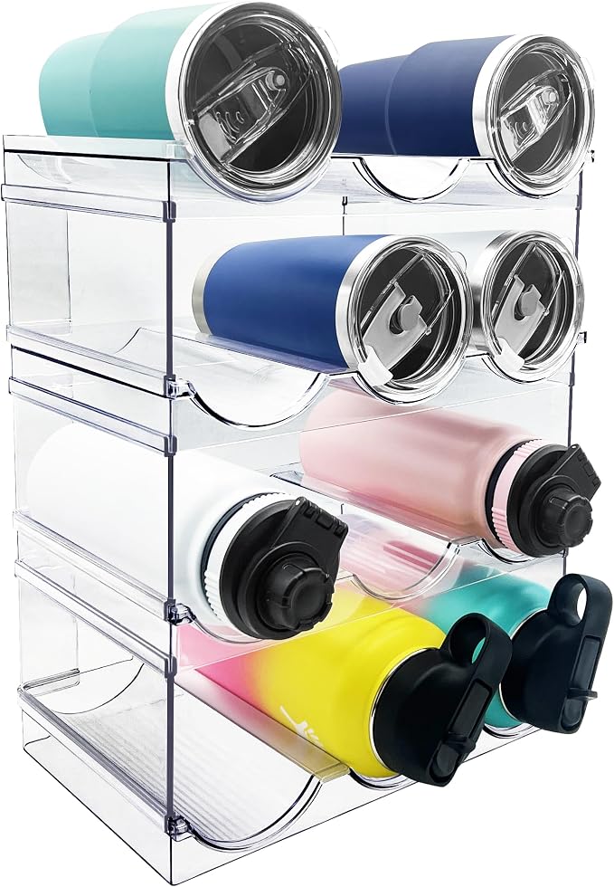 Spaclear 4 Pack Water Bottle Organizer, Stackable Kitchen Pantry Organization and Storage Shelf, Plastic Bottle Holder for Fridge Kitchen Cabinet Organizer and Storage, Tumbler Mug Cup Organizer