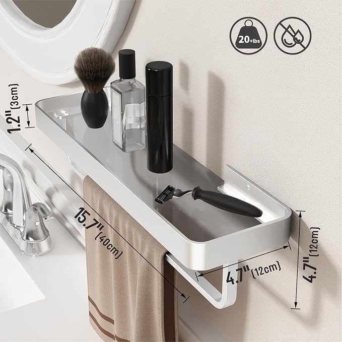 Danpoo 16 Inch Long Floating Bathroom Shelf with Towel Bar, Clear Tempered Glass Wall Shelf with Hand Towel Holder for Bathroom Storage Organizer, Matte Silver