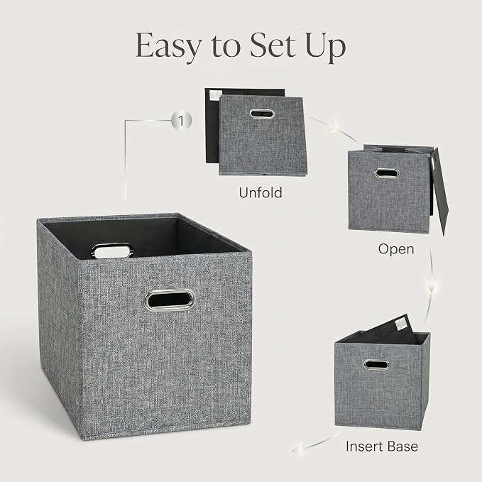 12x12 Gray Fabric Storage Cubes, 4 Pack – Foldable Linen-Look Cube Organizer Bins with Handles, Collapsible Cubby Baskets for Closet, Shelves, Nursery, Dorm Room & Kallax-Style Storage